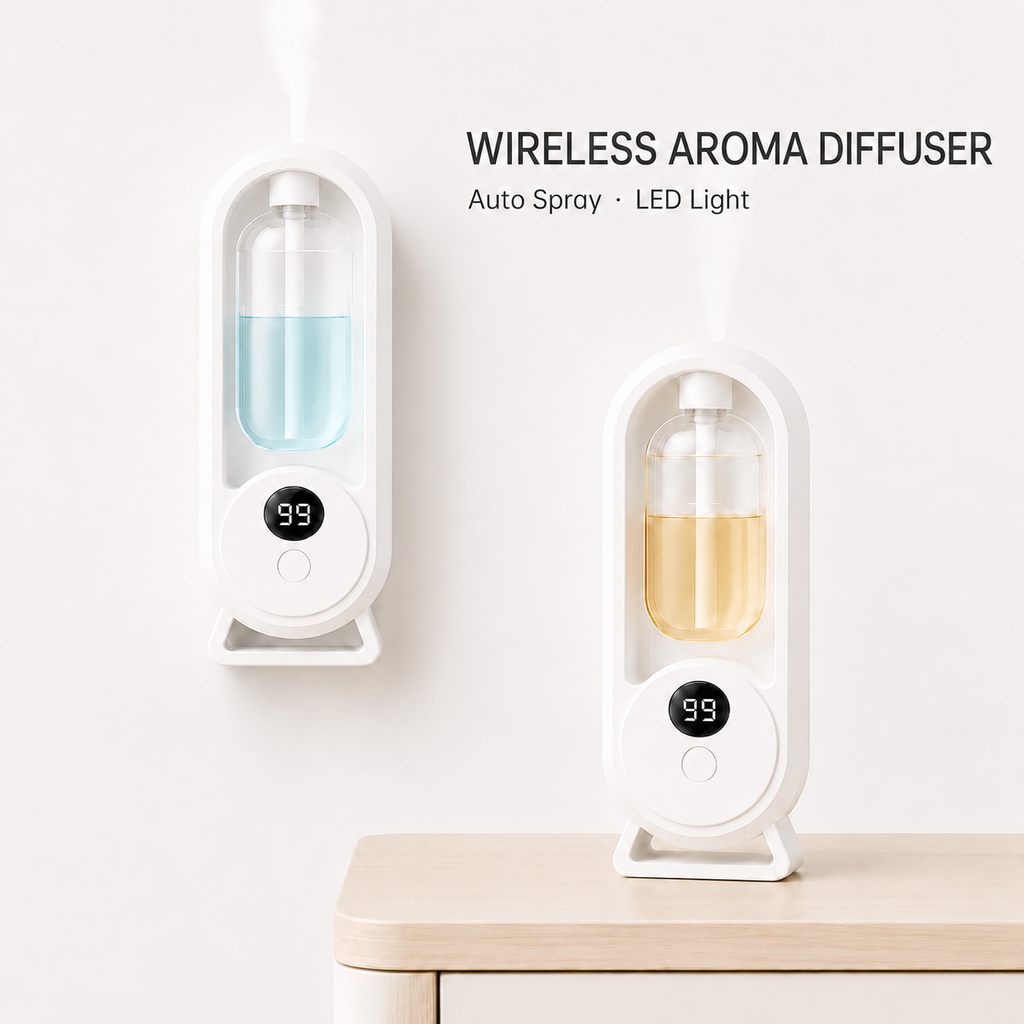 Wireless Aroma Diffuser – Auto Spray, LED Light, Rechargeable Wall Mount & Desktop