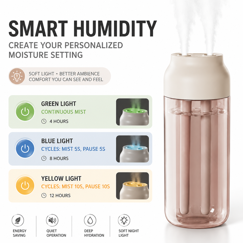 Dual Spray Humidifier – USB Rechargeable, Quiet Mist for Bedroom & Office