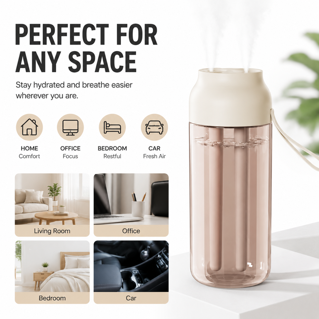 Dual Spray Humidifier – USB Rechargeable, Quiet Mist for Bedroom & Office