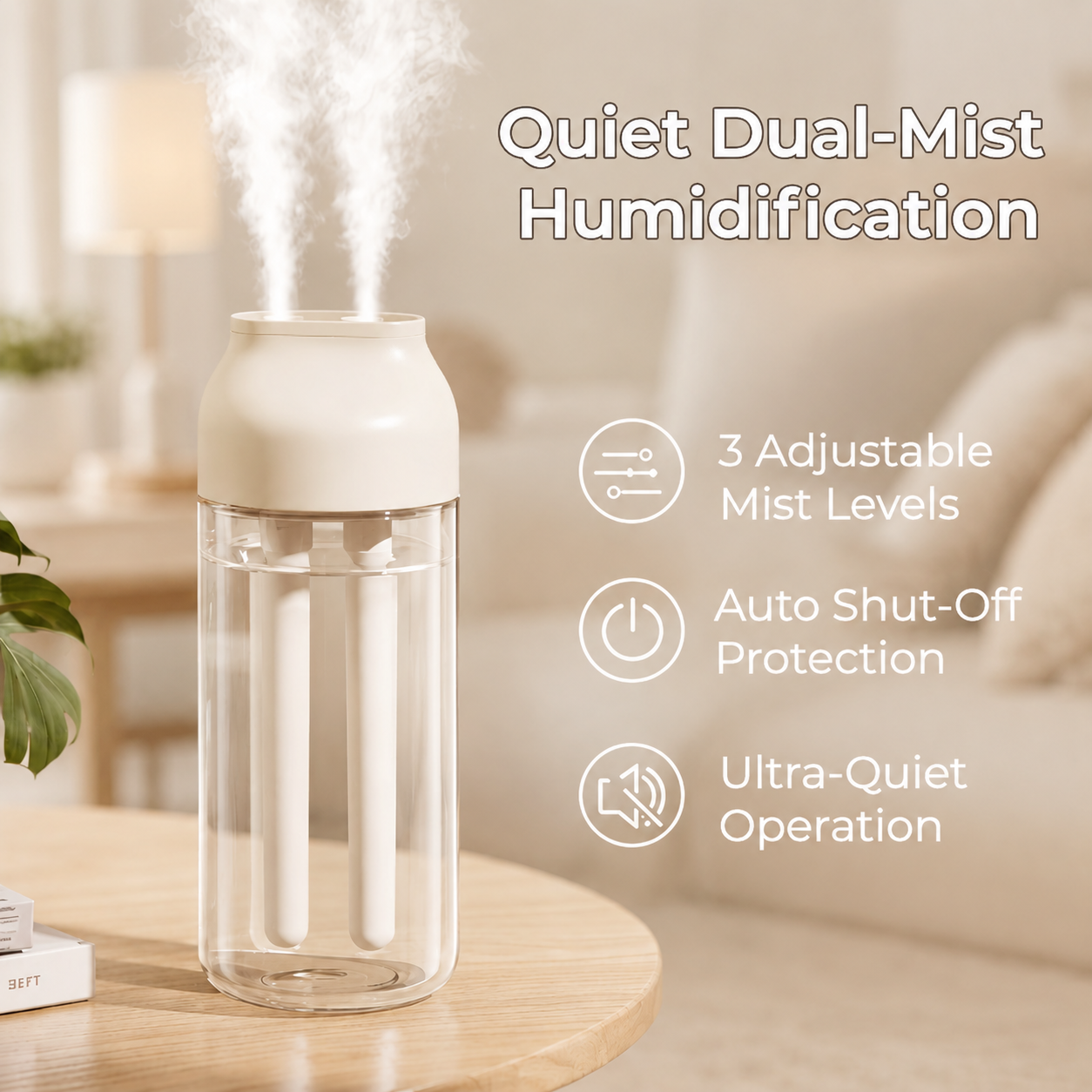 Dual Spray Humidifier – USB Rechargeable, Quiet Mist for Bedroom & Office