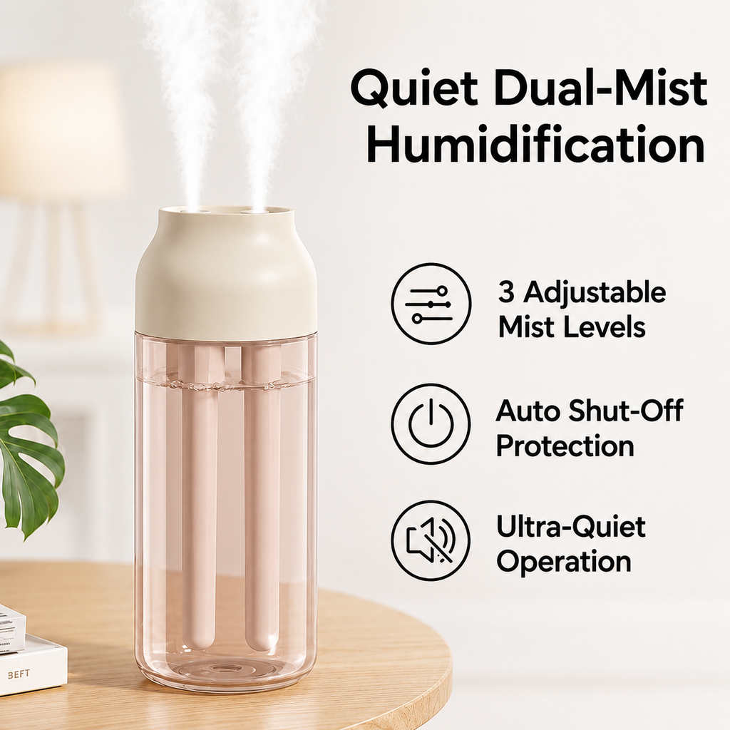 Dual Spray Humidifier – USB Rechargeable, Quiet Mist for Bedroom & Office