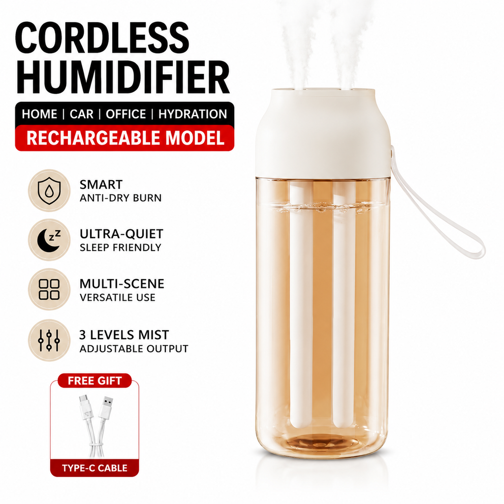 Dual Spray Humidifier – USB Rechargeable, Quiet Mist for Bedroom & Office