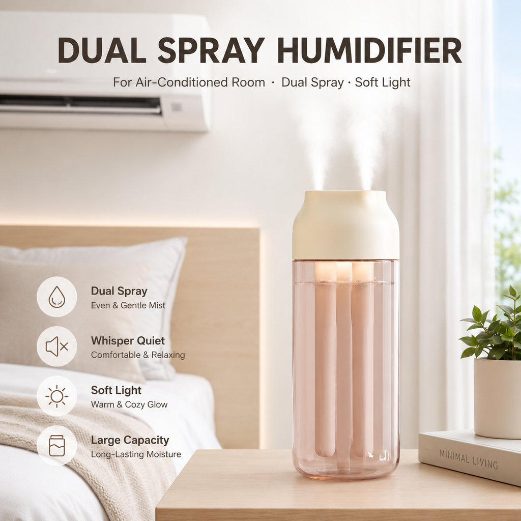 Dual Spray Humidifier – USB Rechargeable, Quiet Mist for Bedroom & Office