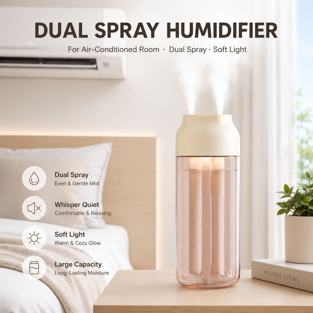 Dual Spray Humidifier – USB Rechargeable, Quiet Mist for Bedroom & Office
